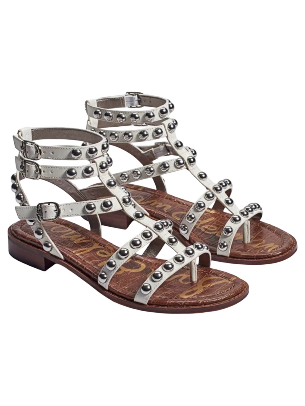 ⁠Sam Edelman Eavan White Leather Silver Stud Gladiator Sandal 9W Wide⁠